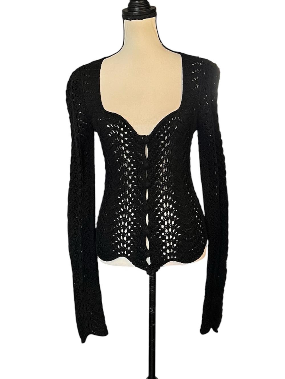 RARE Vintage Betsey Johnson New York Black Knit Goth Regency Crochet Cardigan